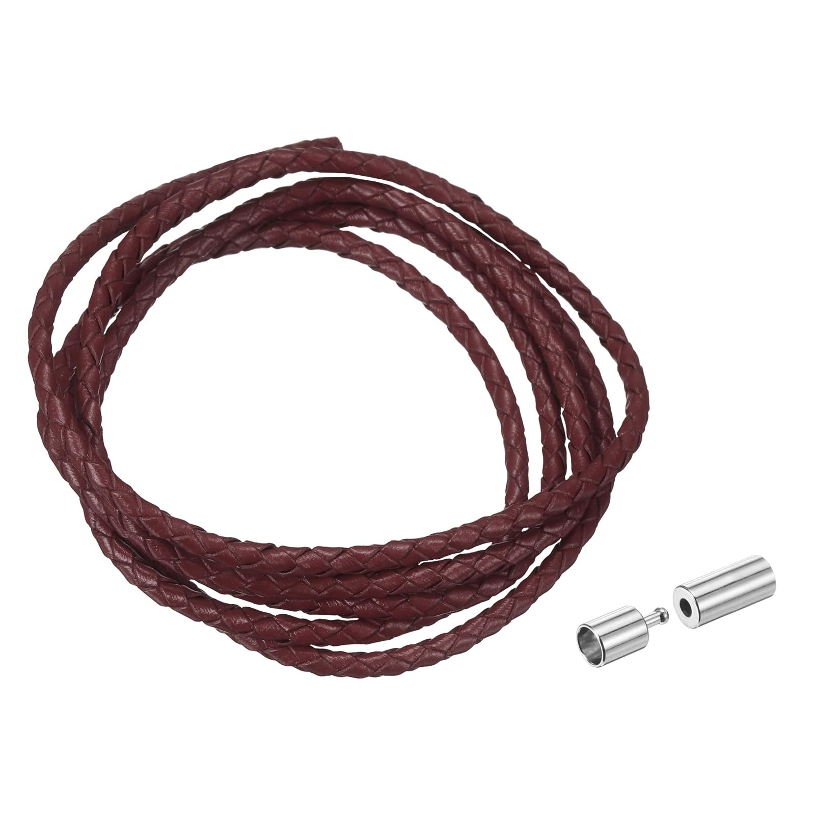 sourcing map Braided Genuine Leather Cord, 3mm 1.1 Yard Round Braiding String with Buttons, Leather Bolo Tie Cord for Crafting, Jewelry Making, Bracelets, Home Decoration, Burgundy