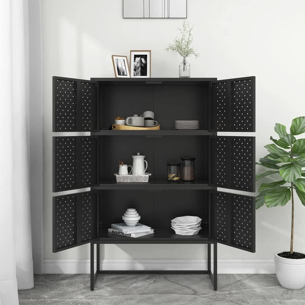 Black Steel Highboard Storage Cabinet Rectangular Medium Size Vertical Locker with Adjustable Feet for Living Room Home Storage Cupboard and Office Use
