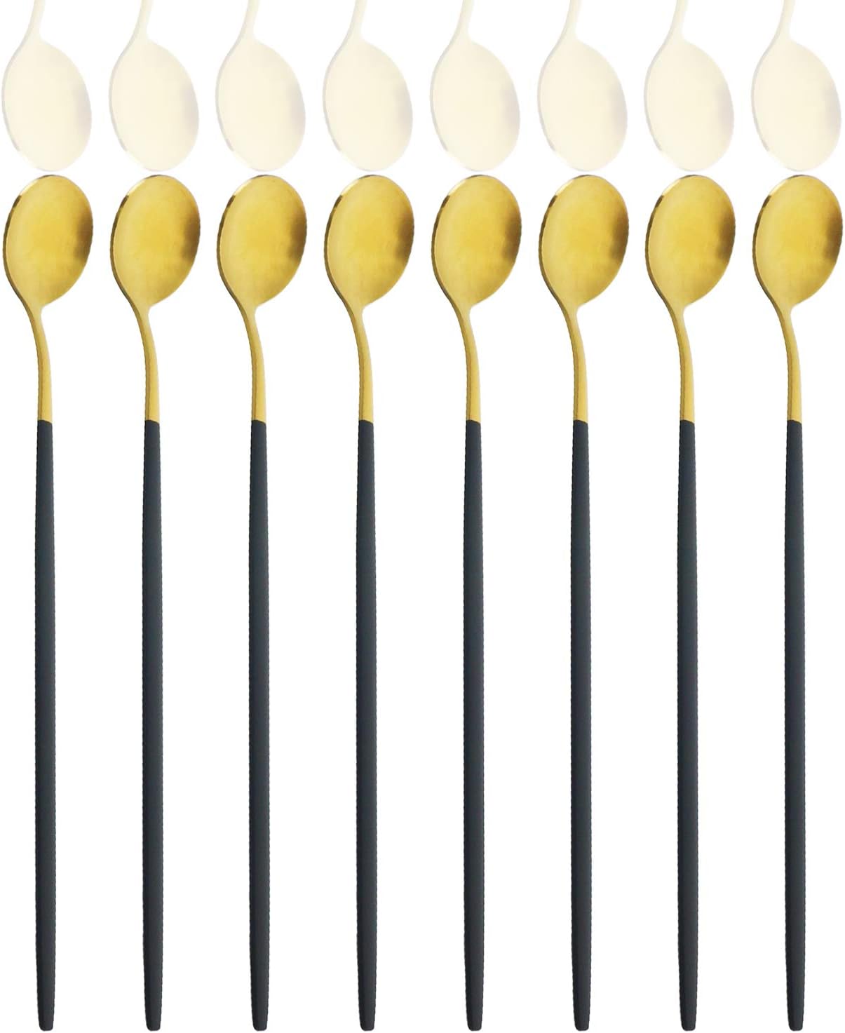 8 PCS 7.87-Inch Long Handled Satin Finish Black Gold Color Iced Tea Coffee Spoons Cold Drink Spoons Stirring Spoons For Restaurant Catering, Uniturcky Matte Commercial Quality Silverware Flatware Set