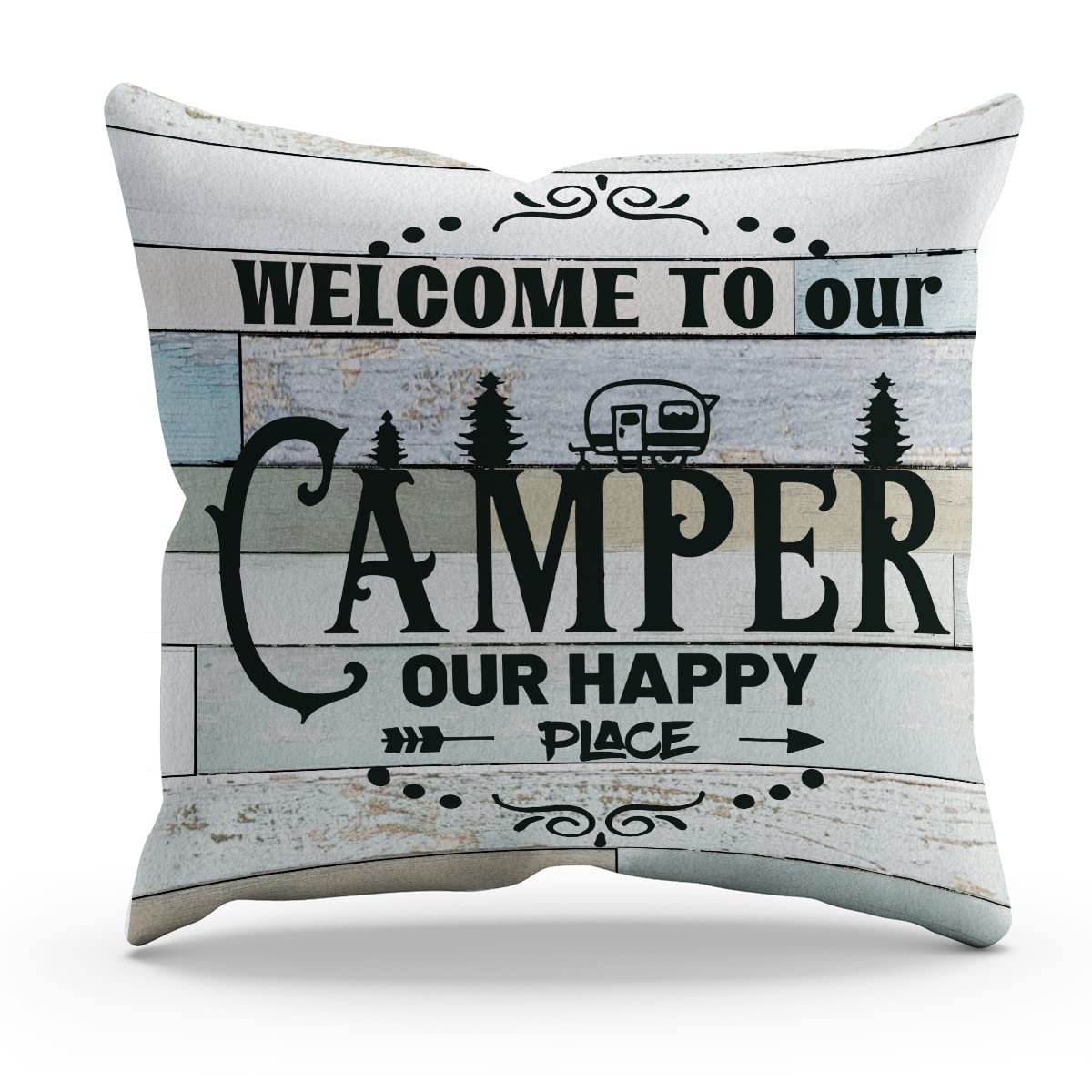 BXFAHZJ Funny Welcome to Our Camper Our Happy Place Throw Pillow Cover Pillowcase Camping Theme 18x18 Inch Decor for Sofa Bed Couch,Campsite RV Decor,Camping Lovers Campers Gifts