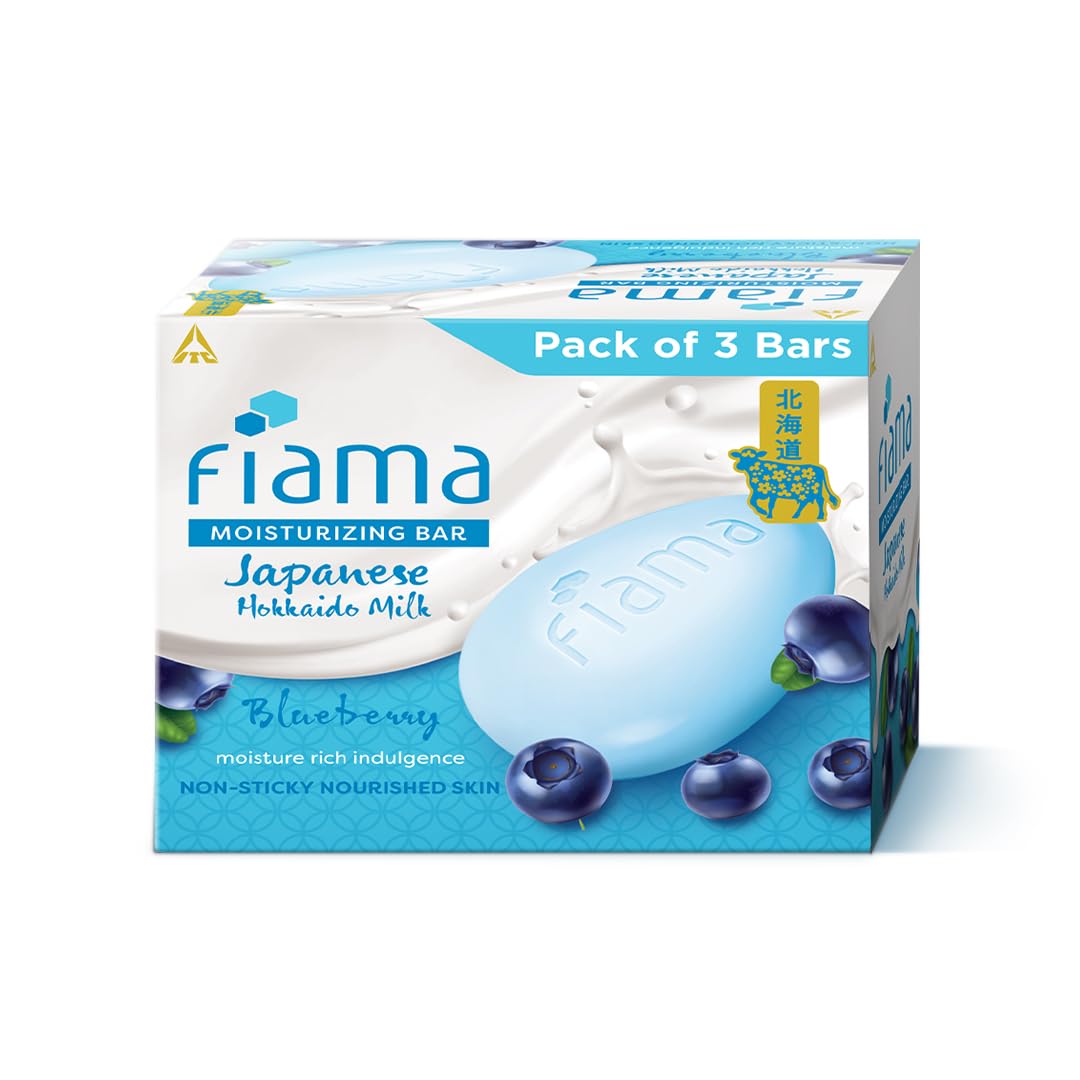 Fiama Moisturizing Soap Bar, Japanese Hokkaido Milk & Blueberry, Soap Pack of 3, Non-Sticky Moisturized Skin, 1/3rd Skin Moisturizers, Vitamin F, Fragrant Freshness