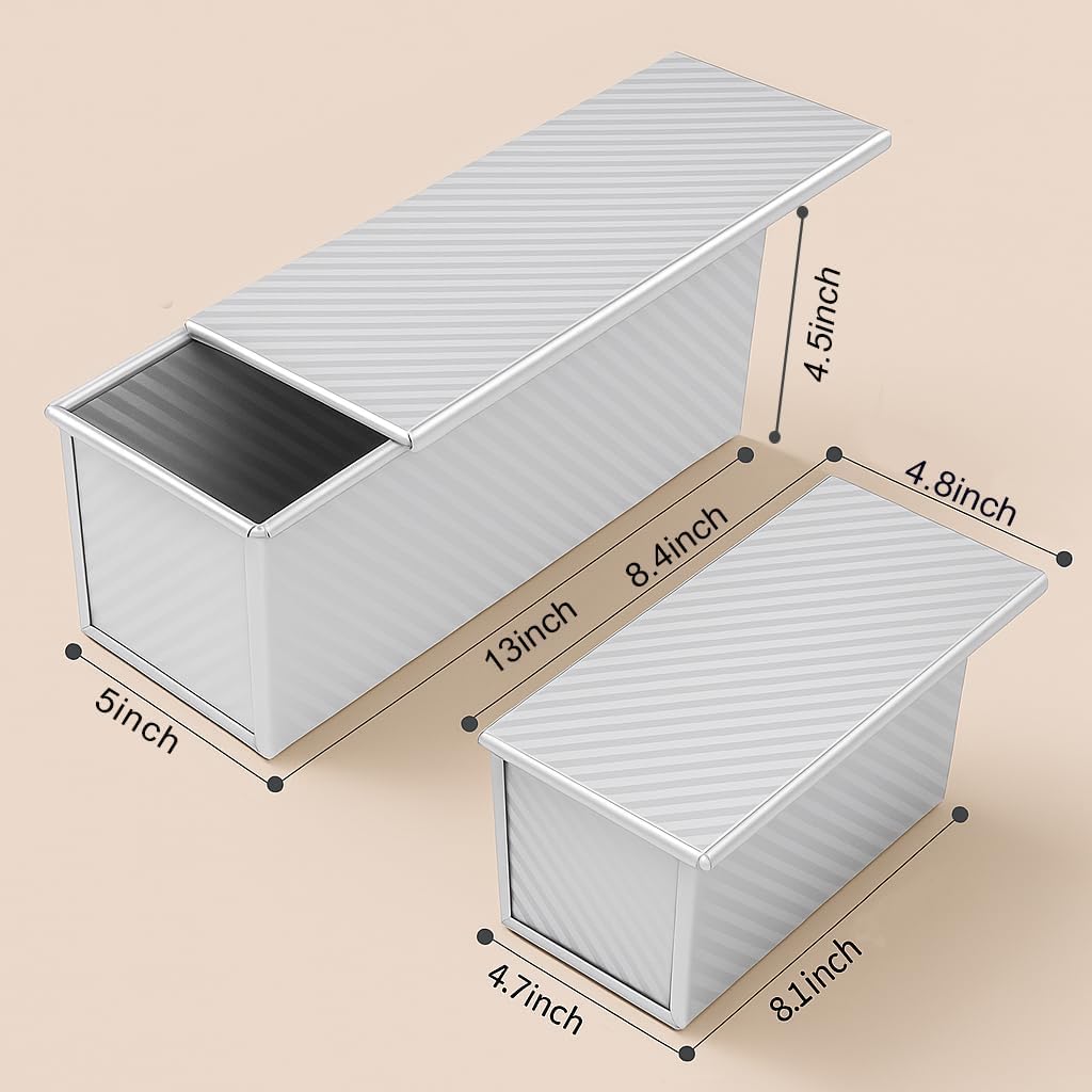 2-Pack Pullman Loaf Pan with Lid –Includes Two Size 13 by 5 & 8.4 by 4.8 Loaf Pan, Silver Textured Finish, Vented Bottom, Nonstick Bread Pan Set, Ideal for Sandwich Bread, Toast, Sourdough - Image 5