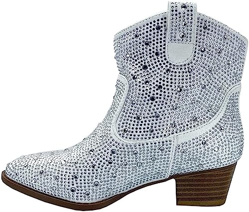 Forever Girls Rhinestone Cowboy Boots Kids Low Heel Dress Booties River-01K White 1