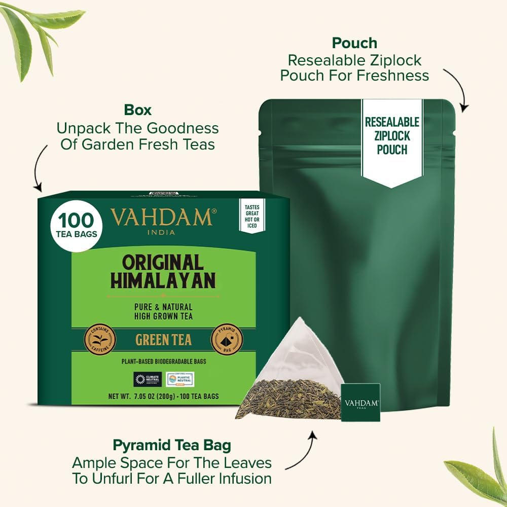 VAHDAM, Himalayan Té Verde (100 Piramidales Bolsitas De Té) 100% Pura Y Natural | Envasado Fresco En La India | Caliente, Frío O Como Kombucha — view 4