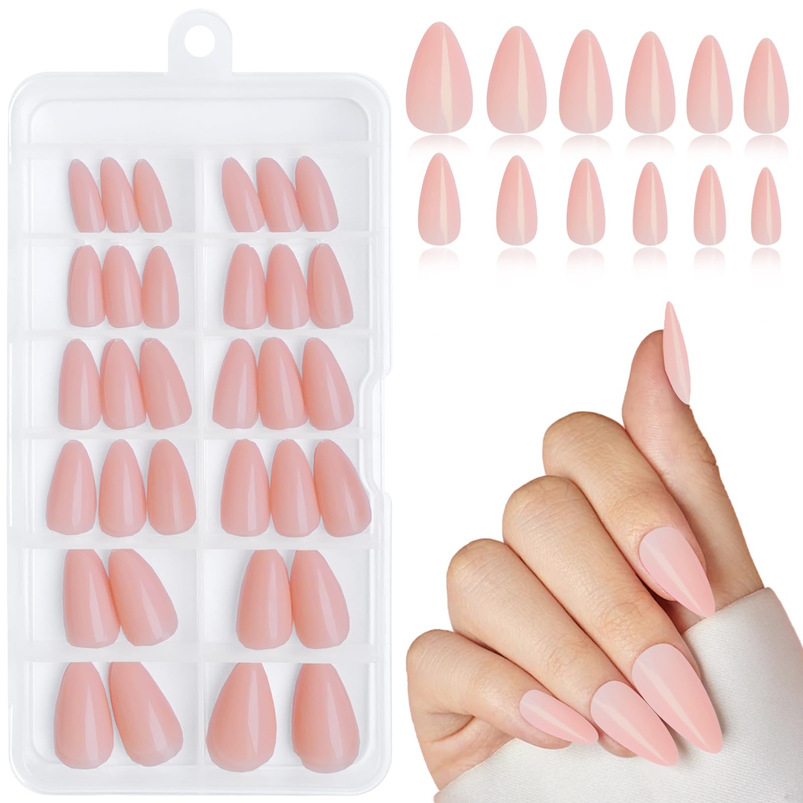 Lifextol 120pc Nude Pink Almond Press-on Nails: 12 Sets of 10 Glossy Pink Acrylic Nails with Adhesive Tabs, Short Length, Full Coverage Tips