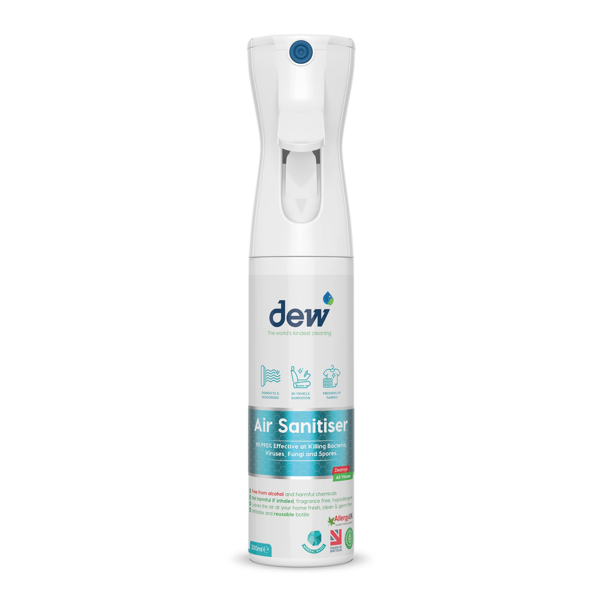 Dew Air Deodoriser Spray 300ml: 100% Natural Eco Air Freshener & Odour Eliminator Room Spray | Antibacterial Air Fresheners for Home, Fabric, Carpet, Car, Bathroom | Disinfectant for Fridge or Toilet