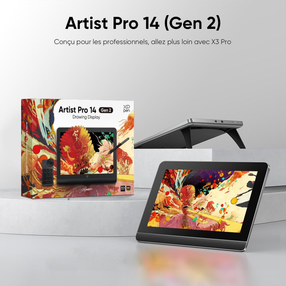 XP-PEN Artist Pro 14 (Gen 2) Tablette Graphique, Tablette Graphique Dessin avec Écran Laminé, Stylet Passif à 16K(16384) Niveaux de Pression, Télécommande de Raccourci Fourni, Support Pliable