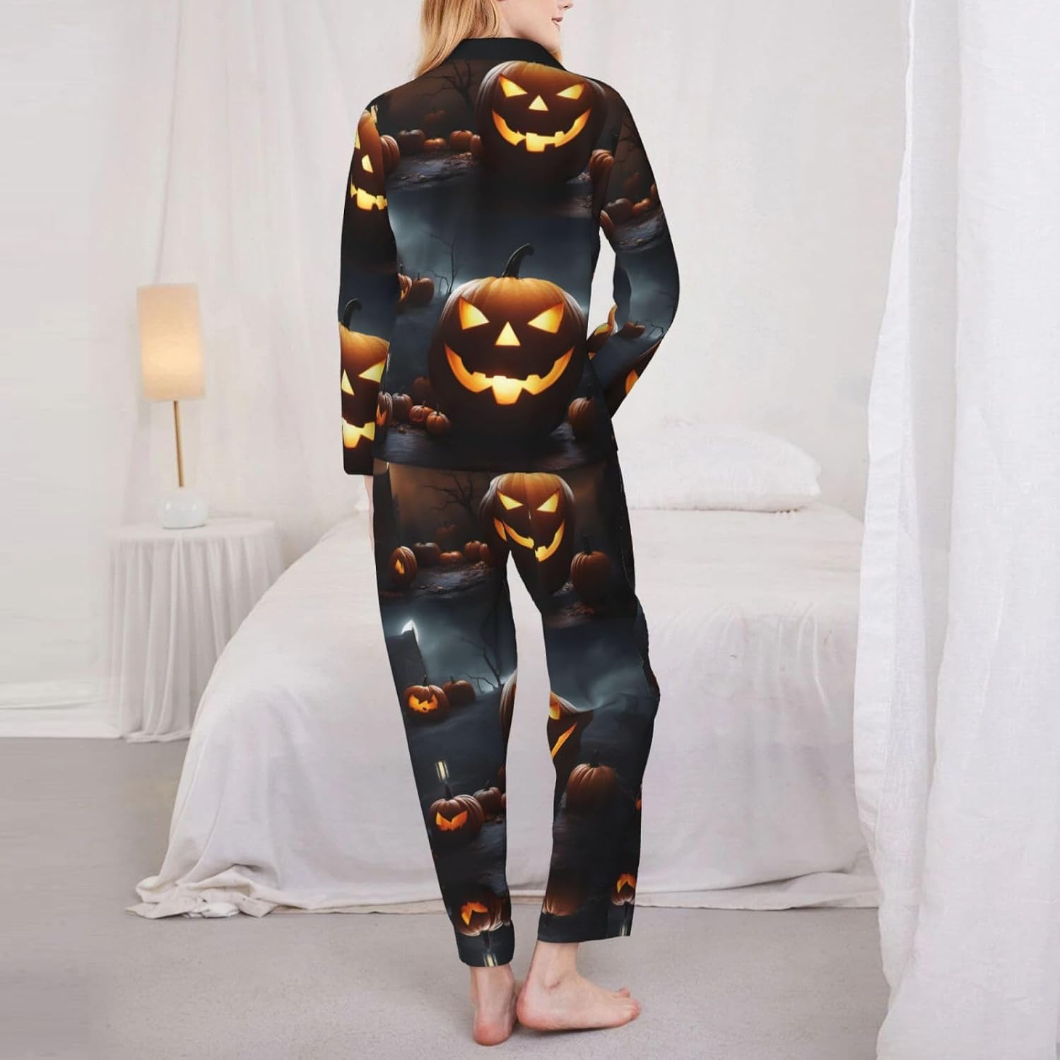 Halloween Pumpkin Print Womens Pajama Sets,Matching Christmas Pajamas,For Everyday Wear,Lounging And More