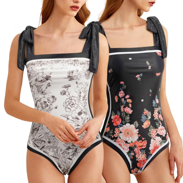 Image of SKAYS Reversible Floral One Piece Swimsuit Women Bathing Suit Vintage Cute with Adjustable Straps Swimwear