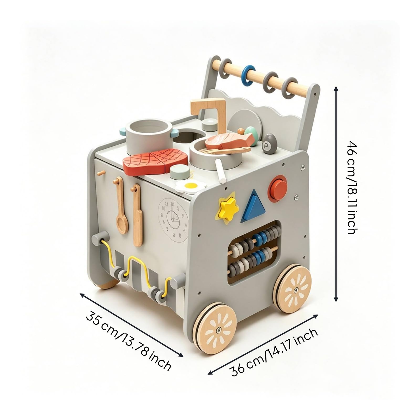 Carrello Educativo Bambini Giocattolo Cucina Carrello Attività Carro Spinta Legno Struttura Equilibrata Ganci Appendi Utensili Laterali