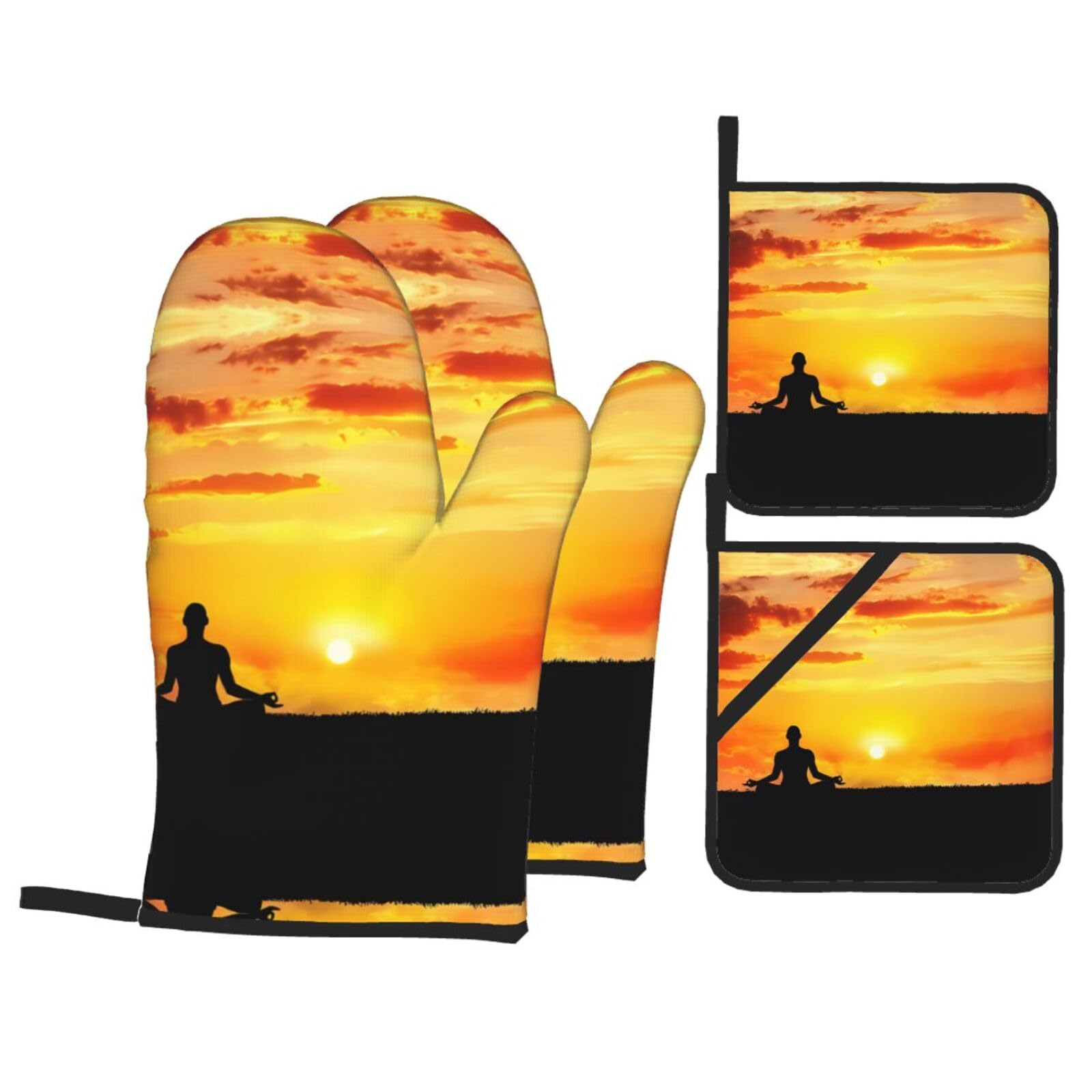WHJSSF Yoga Meditation Prints Kitchen Baking Set - 4-Piece Heat Protection Layers with Waterproof Potholders for Oven, Grill & Serving