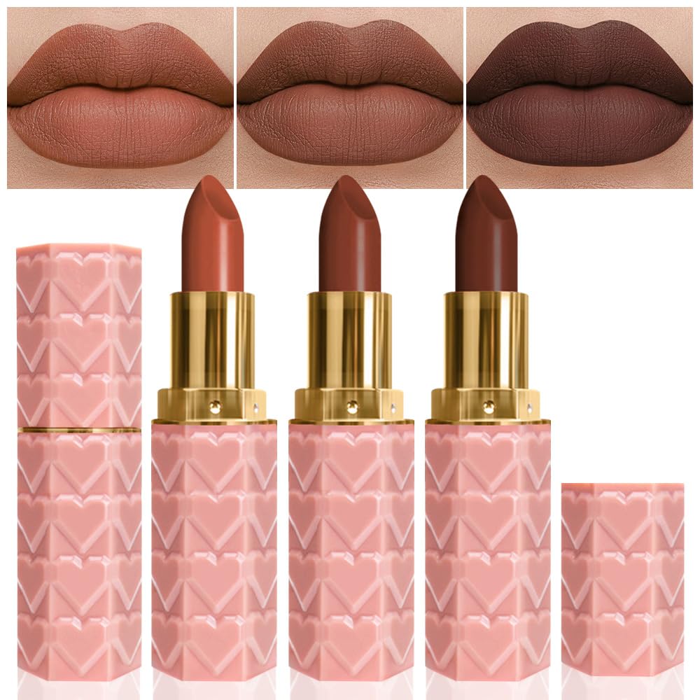 evpct 3Pcs Dark Deep Orange Brown Coffee Nude Matte Lipstick Sets for Women 24 Hour Matt Matte Lipstick Long Lasting Waterproof and Smudge Proof Fall Color Lipstick Shades Dark Brown Lip Liner Set 02