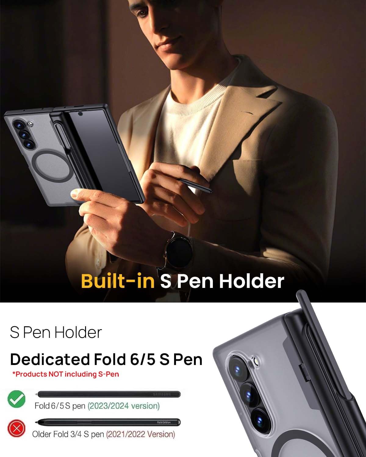 Lanhiem Magnetic for Samsung Galaxy Z Fold 6 Case with S Pen Holder, Compatible with Magsafe Full Body Mil-Grade Shockproof Translucent Slim Phone Case for Samsung Z Fold 6, Space Gray