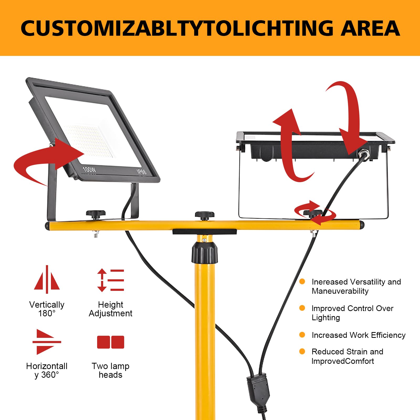 200W Led Baustrahler, 20000LM Superhelle Arbeitsleuchte mit Verstellbarer Stativ und 3m Kabel EU Stecker, Arbeitsscheinwerfer Wasserdicht IP66 für Garage Werkstatt Baustelle, Kaltweiß (200, Watt)