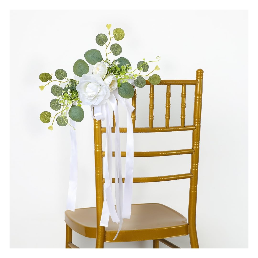 16 Stück Hochzeits Stuhl Rücken Blumen Künstliche Rosenblumen Satin-Stuhlschärpen stuhlschleifen stuhlbänder autoschleife Stuhldekoration für Hochzeit Party Geburtstag Weiß