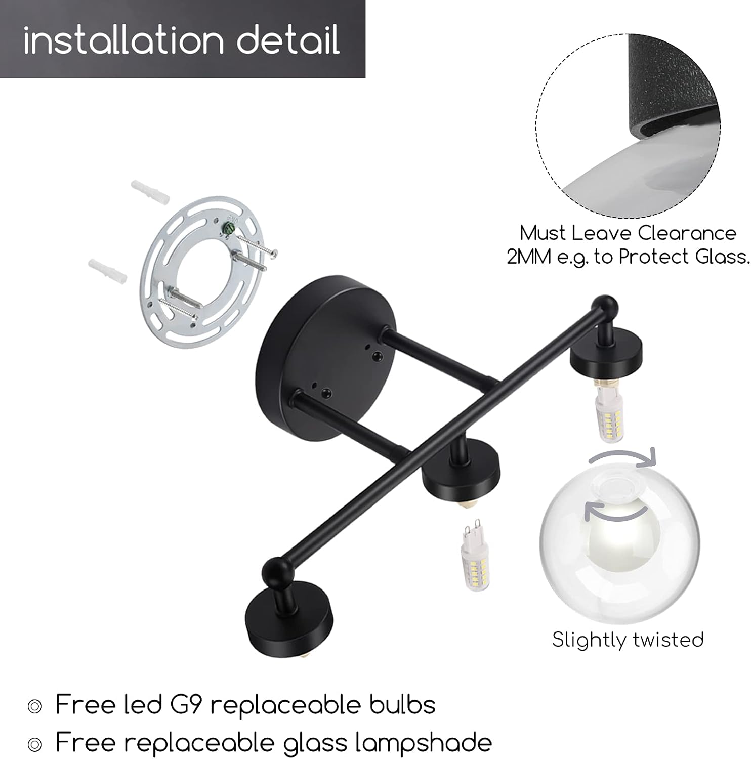 3-Light Bathroom Vanity Light, OOWOLF 11W 5000K Indoor Wall Vanity Light Fixtures, LED Make-up Mirror Front Light, Two-Layer Glass lampshades, Matte Black - - 