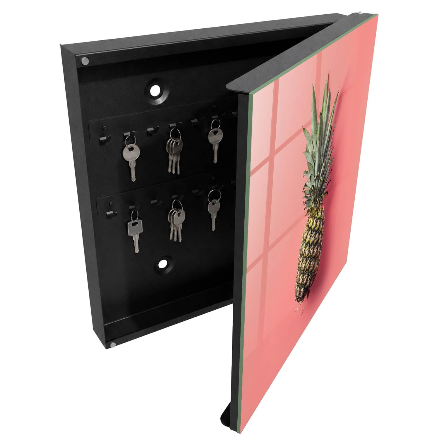 Armadietto Portachiavi 30x30 cm | Nero | A Destra | Montaggio a Parete | Ananas esotico | in Metallo | Frontale Decorativo in Vetro Temperato | per Uffici | Tasselli e Viti Inclusi