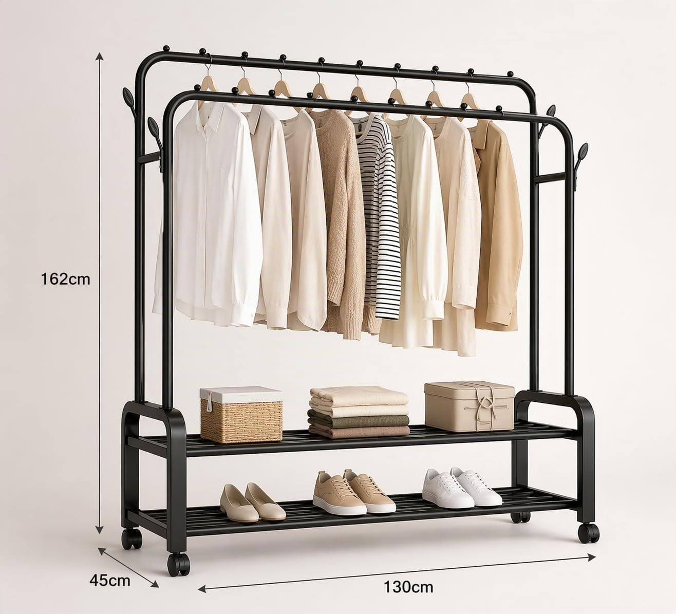 Appendiabiti Indipendente con Ripiani, Struttura in Metallo Nero, 150cm Altezza x 110cm Larghezza x 49cm Profondità, Capacità 780lb, Organizer per Vestiti Scarpe e Accessori