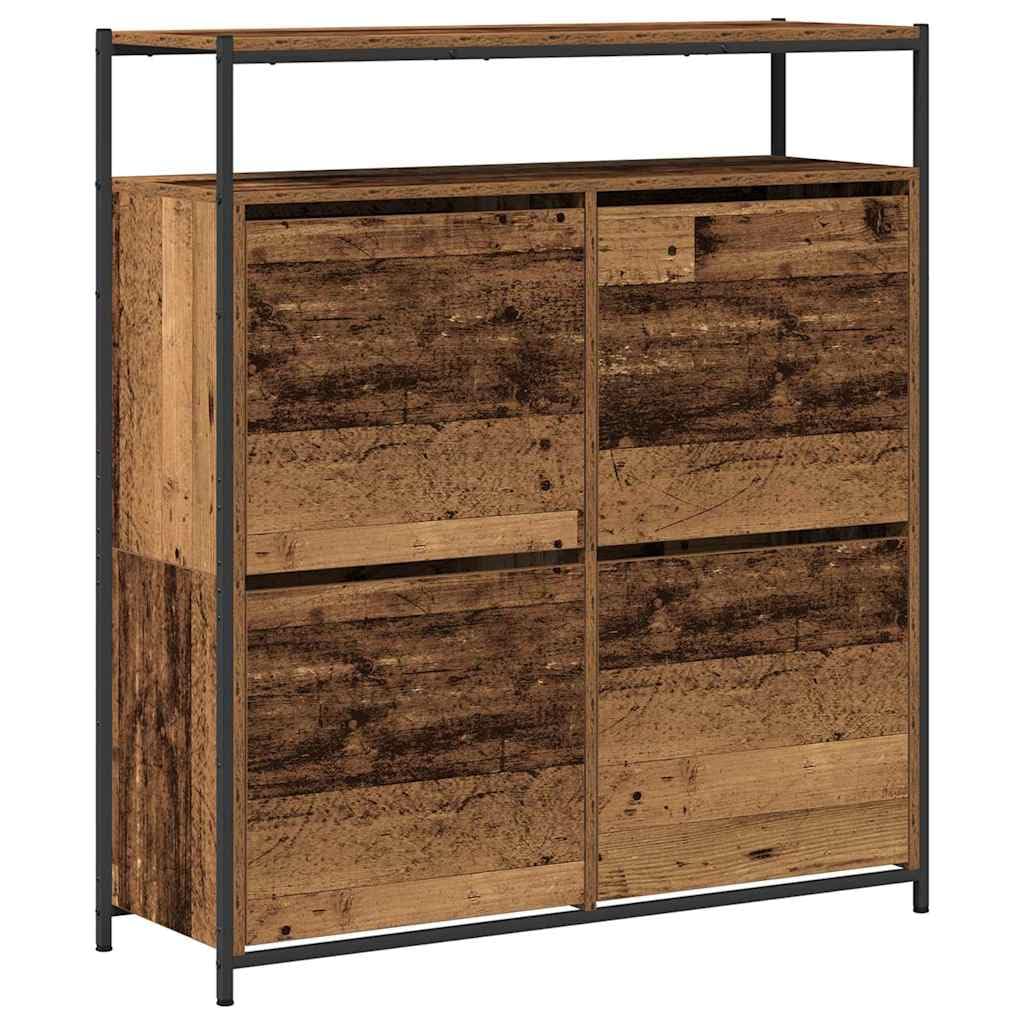 Zapatero con estante Madera vieja 100 x 34 x 112 cm | Madera mecanizada, patas de acero negro, puertas con bisagras, interiores, fáciles de montar