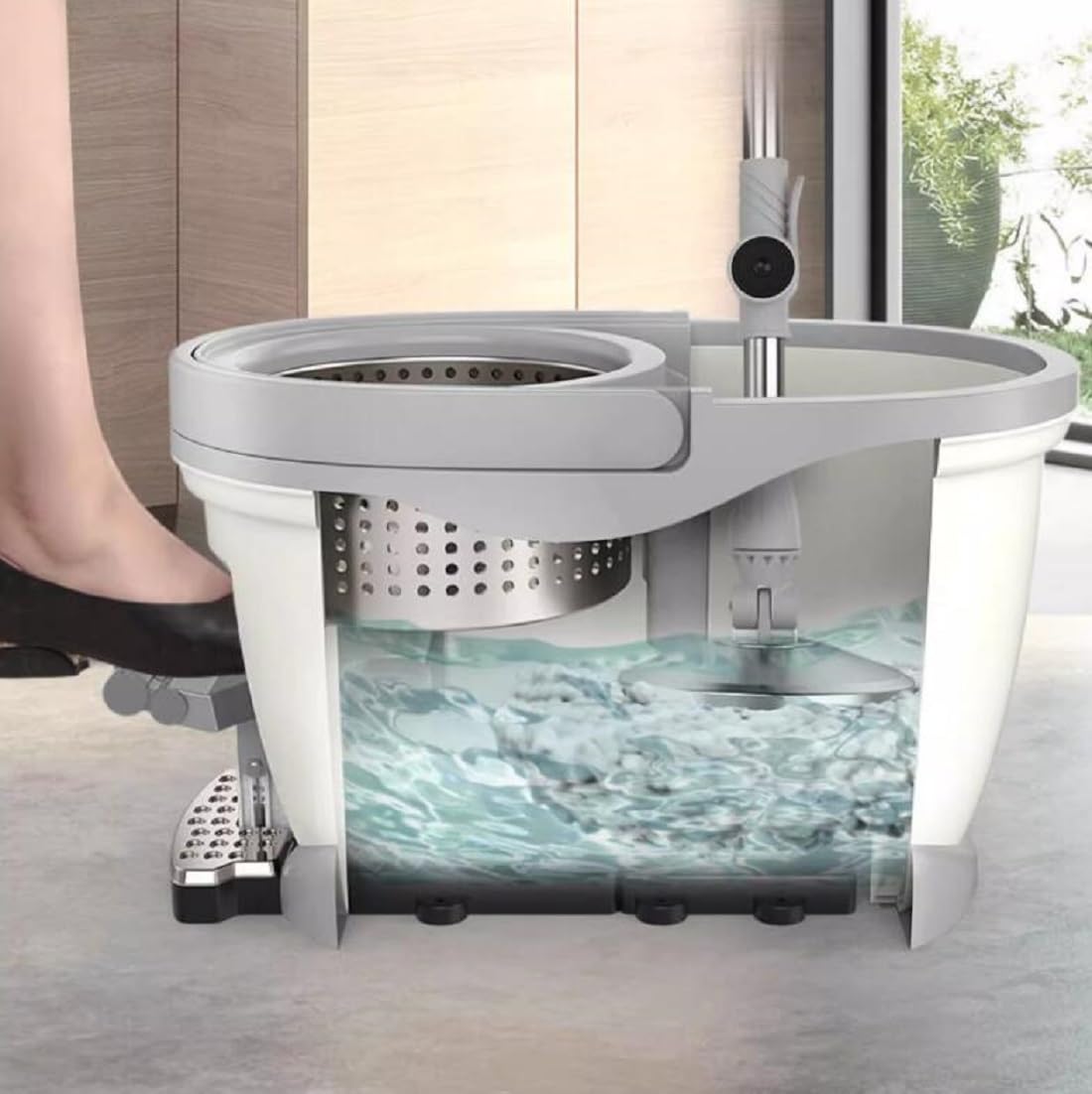 Juego De Cubo De Fregona para Suelos Giratoria, con Pedal Mango Telescópico 100-130 Cm, con 3 Cabezales De Microfibra Súper Absorbentes Fregona Giratoria 360º para Limpieza del Hogar,Blanca