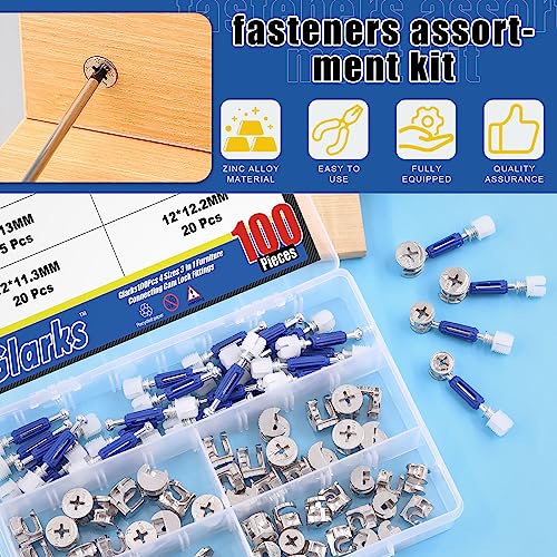 Glarks 100Pcs 4 Sizes 3-in-1 Furniture Connecting Cam Lock Fittings with Dowels Assortment Kit - Image 3