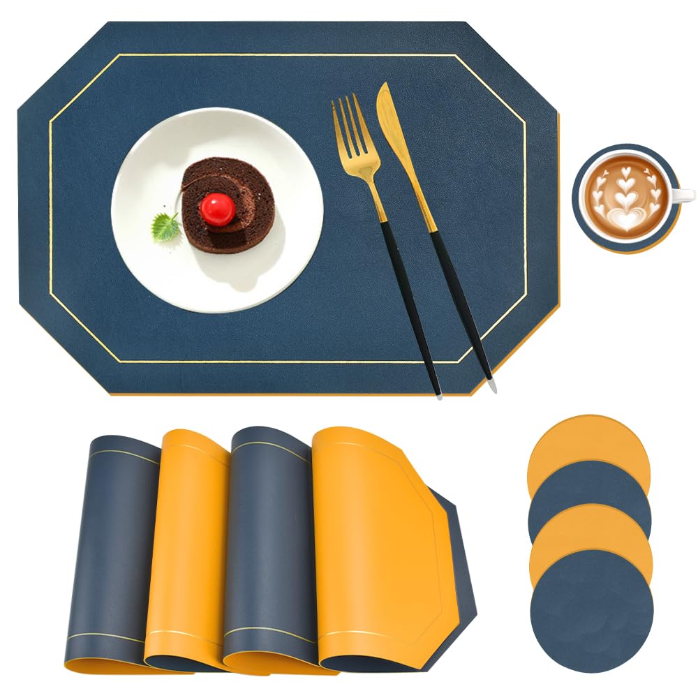 KITERI Placemats and Coaster Set, 4 Set PU Leather Table Mats and Coasters Dual-Sided Dinner Table Mats Blue Non Slip Place Mats Waterproof Yellow Dinner Mats for Home Kitchen, 43x30cm