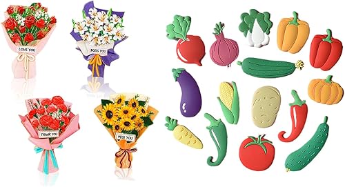 4 imanes de flores para refrigerador y 15 imanes creativos de resina 3D para refrigerador, gabinete de almacenamiento, pizarra blanca, decoración de