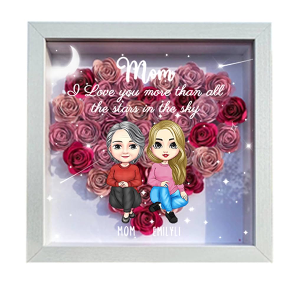 Mother And Daughter Gift For Mom, Personalized Mothers Day MOM Heart Flower Shadow Box Frame, Custom Name Flower Shadow Box Frame,Mother's Day Christmas Birthday Gifts for Mom From Daughter