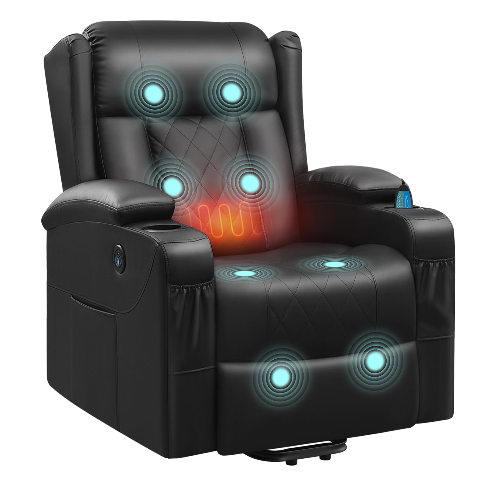 WOLTU Fauteuil Relax Électrique, Fauteuil Massant, Aide à la Verticalisation, Massage, Chauffage, Repose-Pieds, Poches, Porte-gobelet, Port USB, PU, Noir, SKS62sz