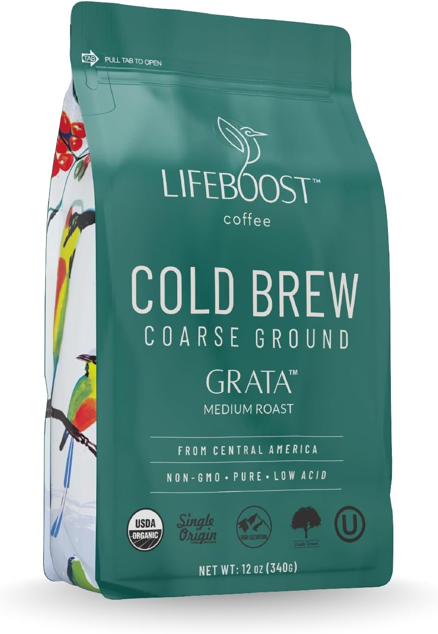 Lifeboost Low Acid Cold Brew Coffee – Organic Coarse Ground Medium Roast for Cold Brew – Single Origin, Non-GMO, 3rd Party Tested for Mycotoxins & Pesticides, USDA Organic – Smooth & Bold Flavor – 12