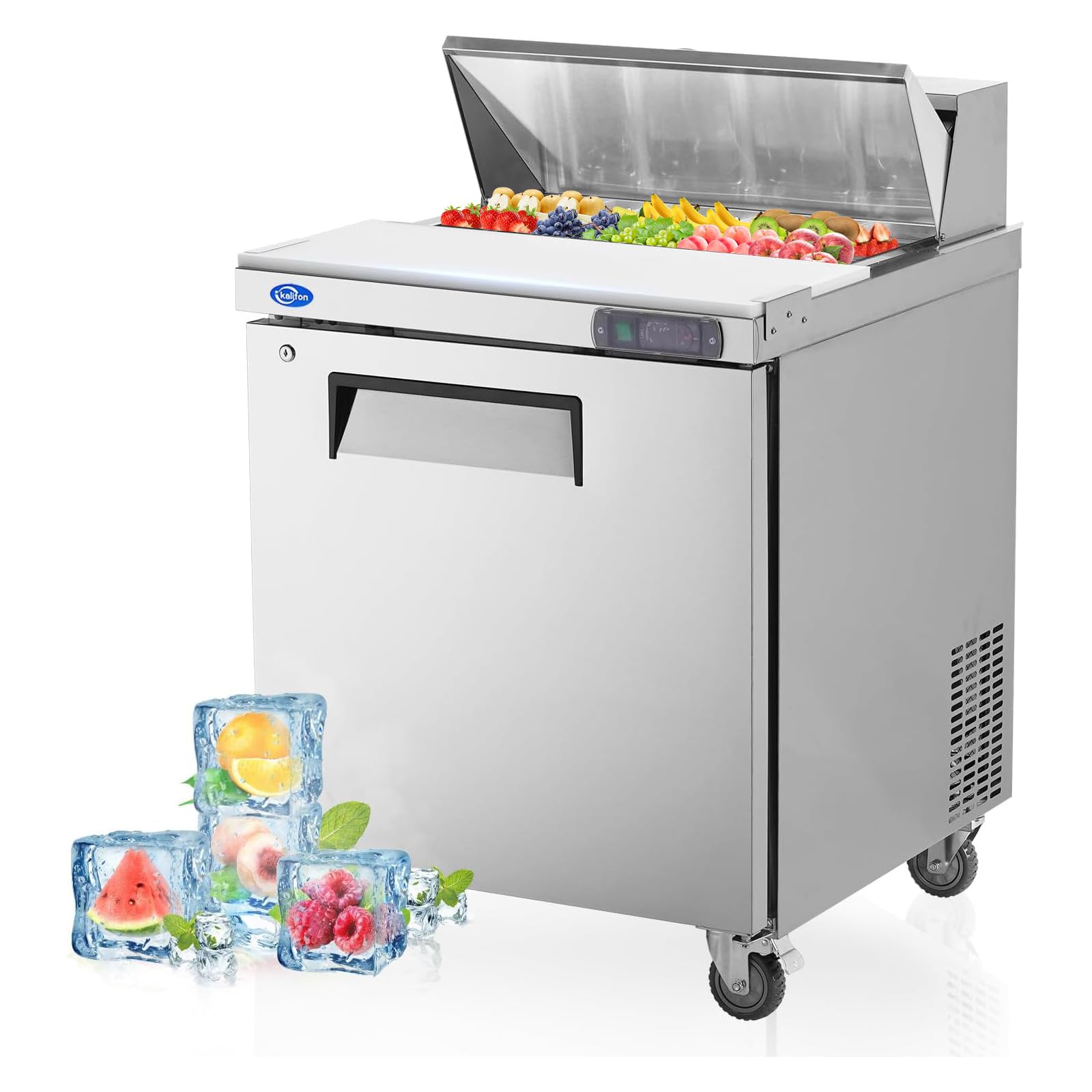 27" W 1 Door Refrigerator Sandwich Salad Prep Table Commercial Stainless Steel Fan Cooling Refrigerator with Cutting Board, 1 Shelves & 12 Pans for Restaurant, Bar, Shop-7.4 Cu.ft