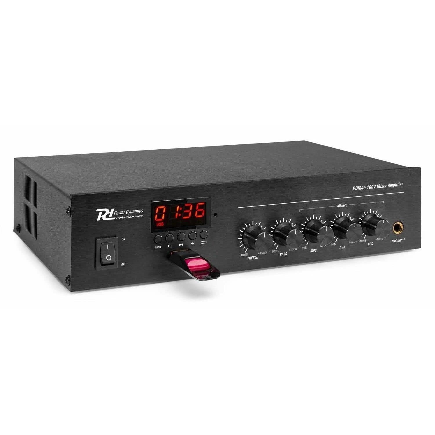 Power Dynamics PDM45 Amplificador con Bluetooth y función Radio FM Amplificador100 voltios, Reproductor MP3, Entrada de línea, instalación de música, Receptor de Radio para Tiendas, hogar y Mucho más