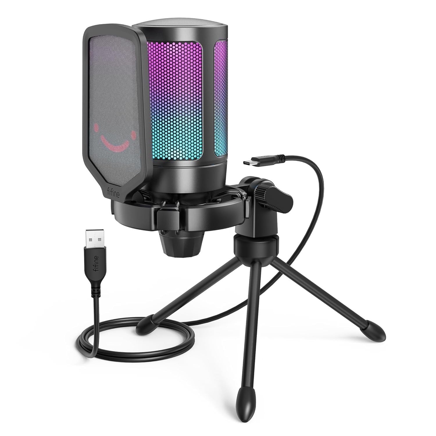 FIFINE (Open Box-Refreshed) A6V USB Gaming Condenser Microphone with RGB, Quick Mute, Pop Filter, Shock Mount & Gain Control – Ideal for PC, PS5, Streaming, Discord, Twitch, Podcasts & Videos (Black)