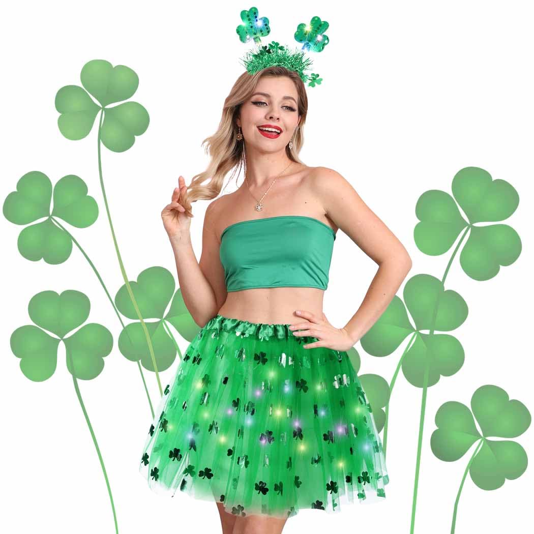 DRESBE St. Patrick's Day Costume Set Green LED Shamrock Headband Skirt Light Up Irish Festival Apparel Suit for Women (2pcs)