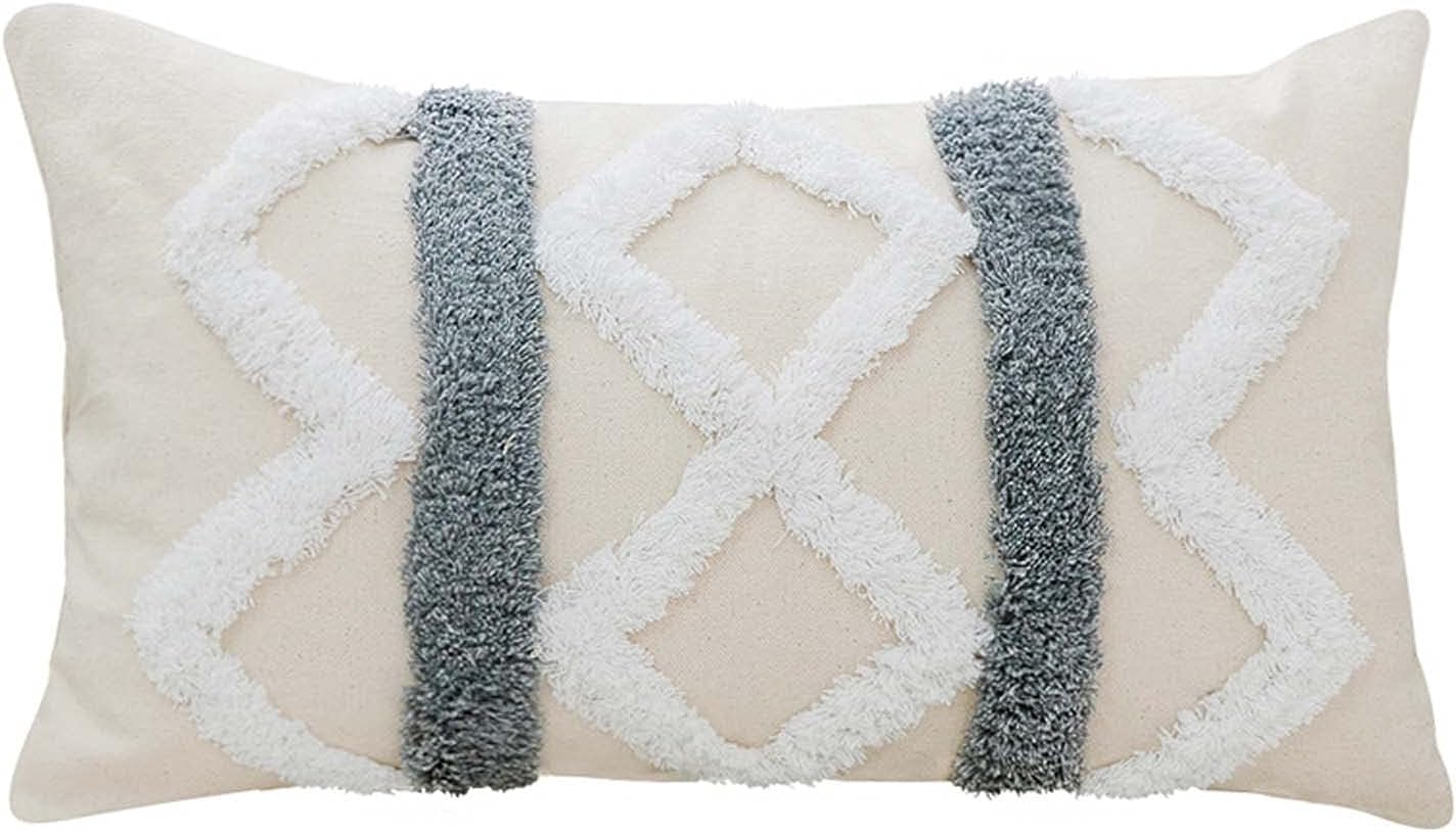 Woven Tufted Boho Cushion Cover Set of 2 Geometric Diamond Lumbar Decorative Throw Pillow Cover for Couch Sofa Bedroom Living Room, Oblong Pillowcase (Lumbar A, 12 x 20 inch)