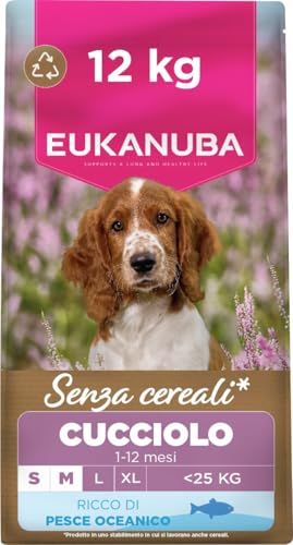 EUKANUBA Cibo secco per Cuccioli senza cereali con pesce per razze di taglia piccola e media - Alimento secco premium privo di cereali per Cani giovani, 12 kg