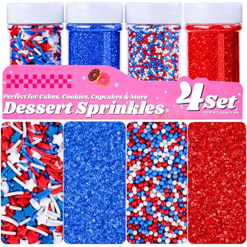 Image of Red White and Blue Sprinkles, 11.3oz Edible Patriotic 4th of July Sprinkles | 4 Jars Set for Baking Cakes Cupcakes Cookies Ice Cream