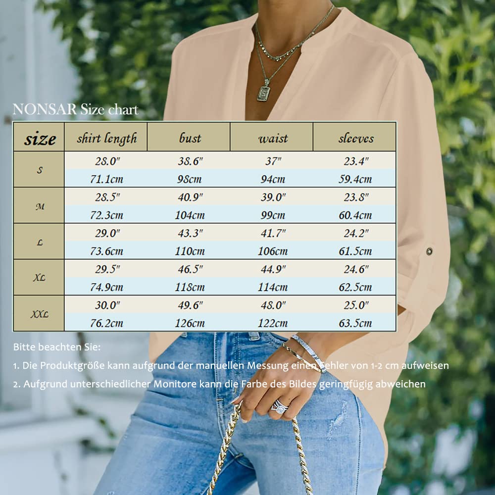 NONSAR Camicetta da donna Henley, elegante, con scollo a V, maniche arrotolabili, in stile casual