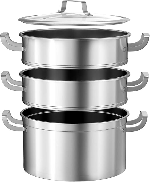 GiantexUK 3 Tier Stainless Steel Steamer Set, Large Steam Pots with Glass Lid and Steel Handles, Kitchen Cooking Induction Steamer Pans, 26cm/ 6.5 L
