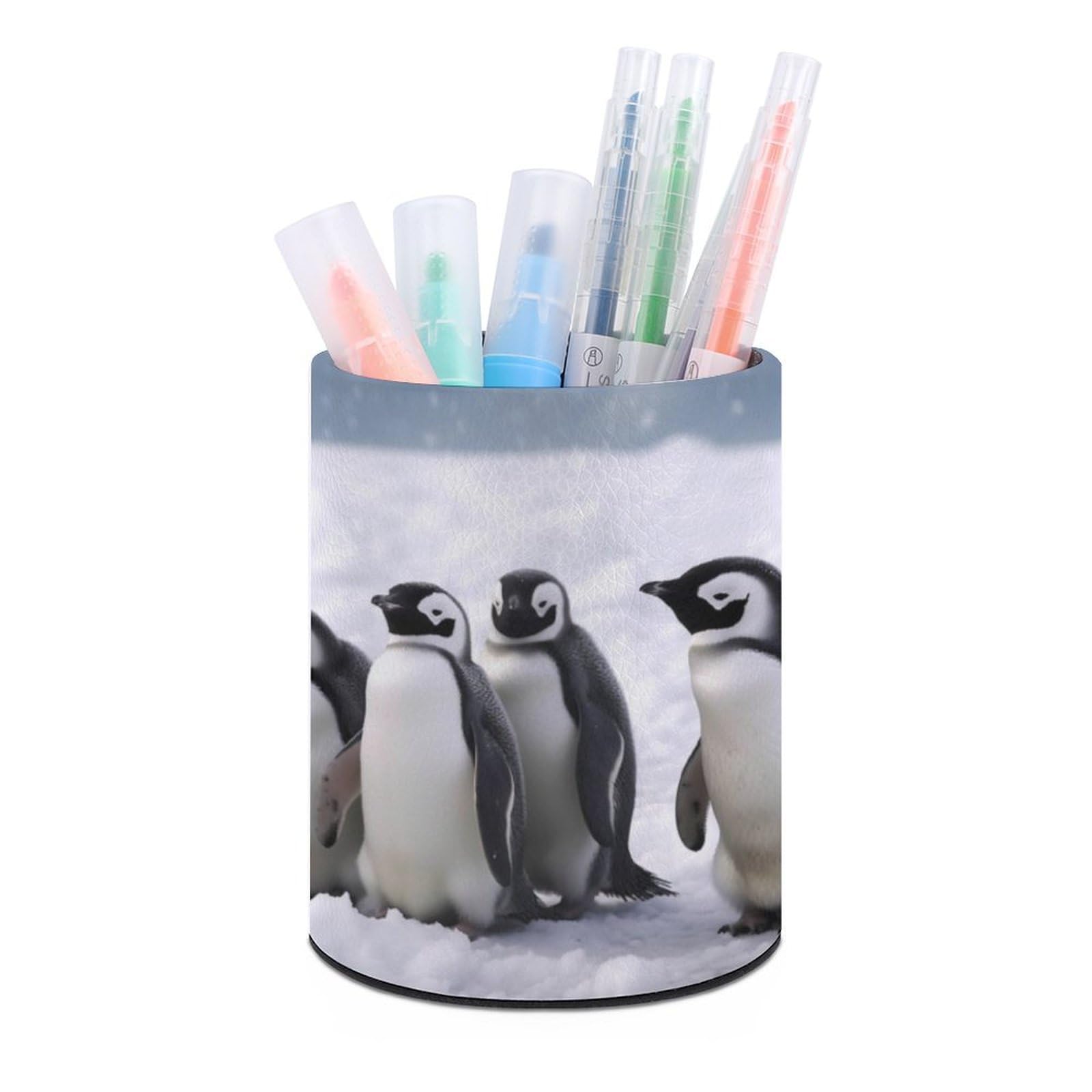 JTREHY Round Pen Holder,Young Penguins With Snow Printed Makeup Brush Storage Box Desktop Stationery Storage Cup Office Accessories Storage Box Pencil Storage Box for Home Office Dressing Table