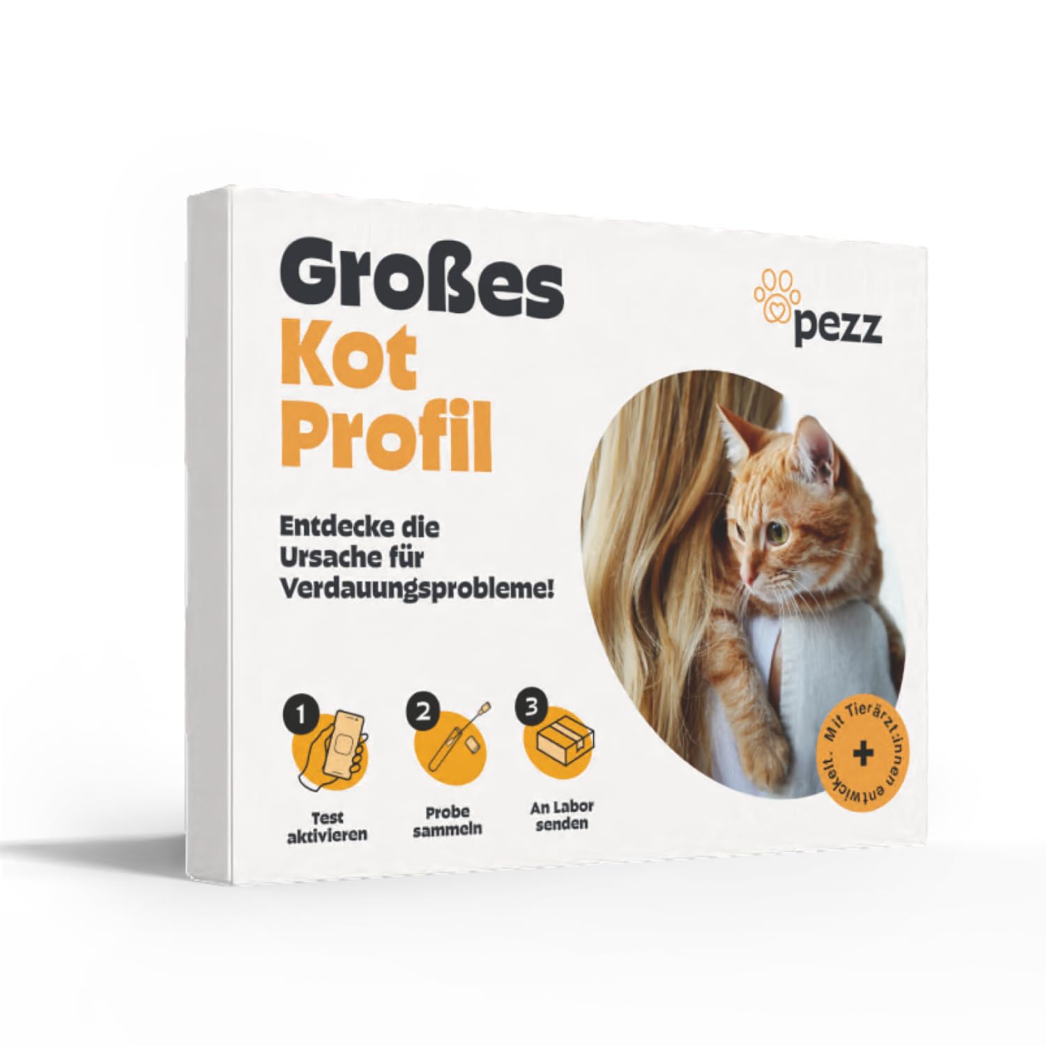 PEZZ Großes Kotprofil 7-in-1 Test für Katzen | Nur eine Probe | Alle häufigsten Parasiten und Würmer & Durchfallerreger, Verdauungsfunktion, Enterotoxin, pH-Wert etc. | gratis Labor-Versand
