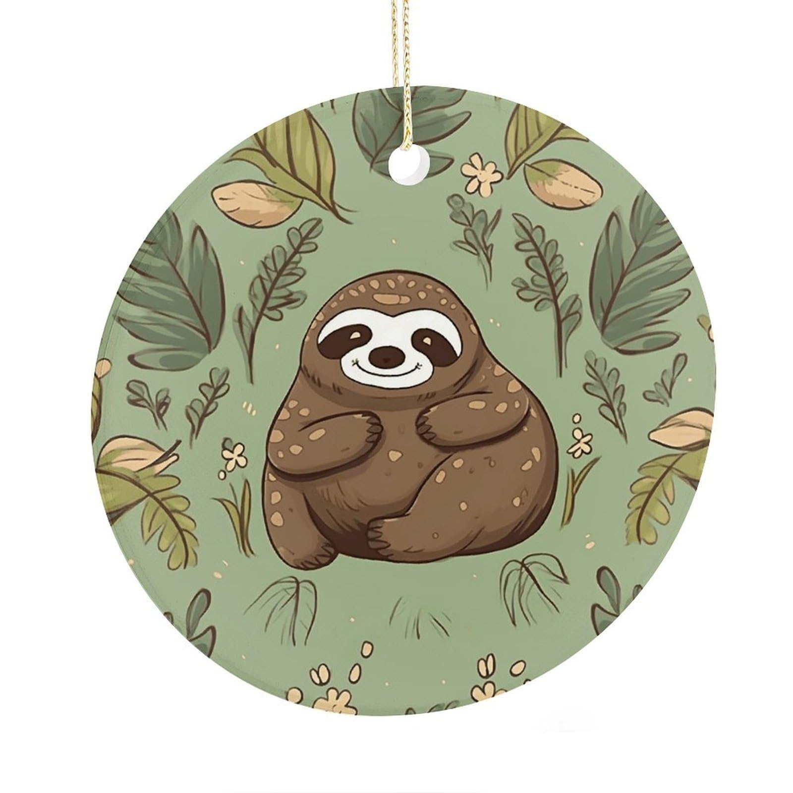 Adfgyerh Style Sloth On The Grass Ceramic Circular Pendant,2.9 Inch，Hanging Ornament，Gift Exchange Idea Round Ceramic Ornament,For Mom And Daughter，For Home Indoor Outdoor Decor.