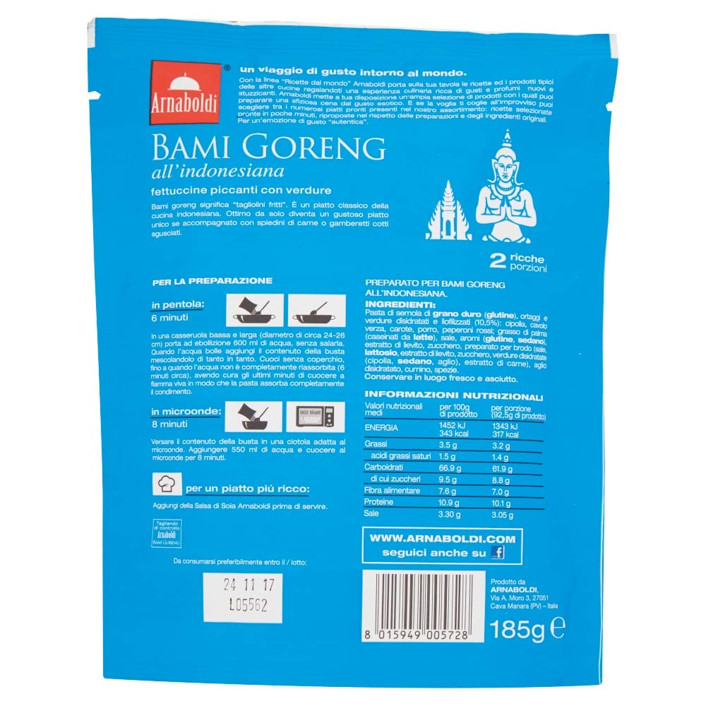 Arnaboldi Bami Goreng all'Indonesiana Fettuccine Piccanti e Verdure, Piatto Tipico della Cucina Orientale [8 Confezioni da 185g]