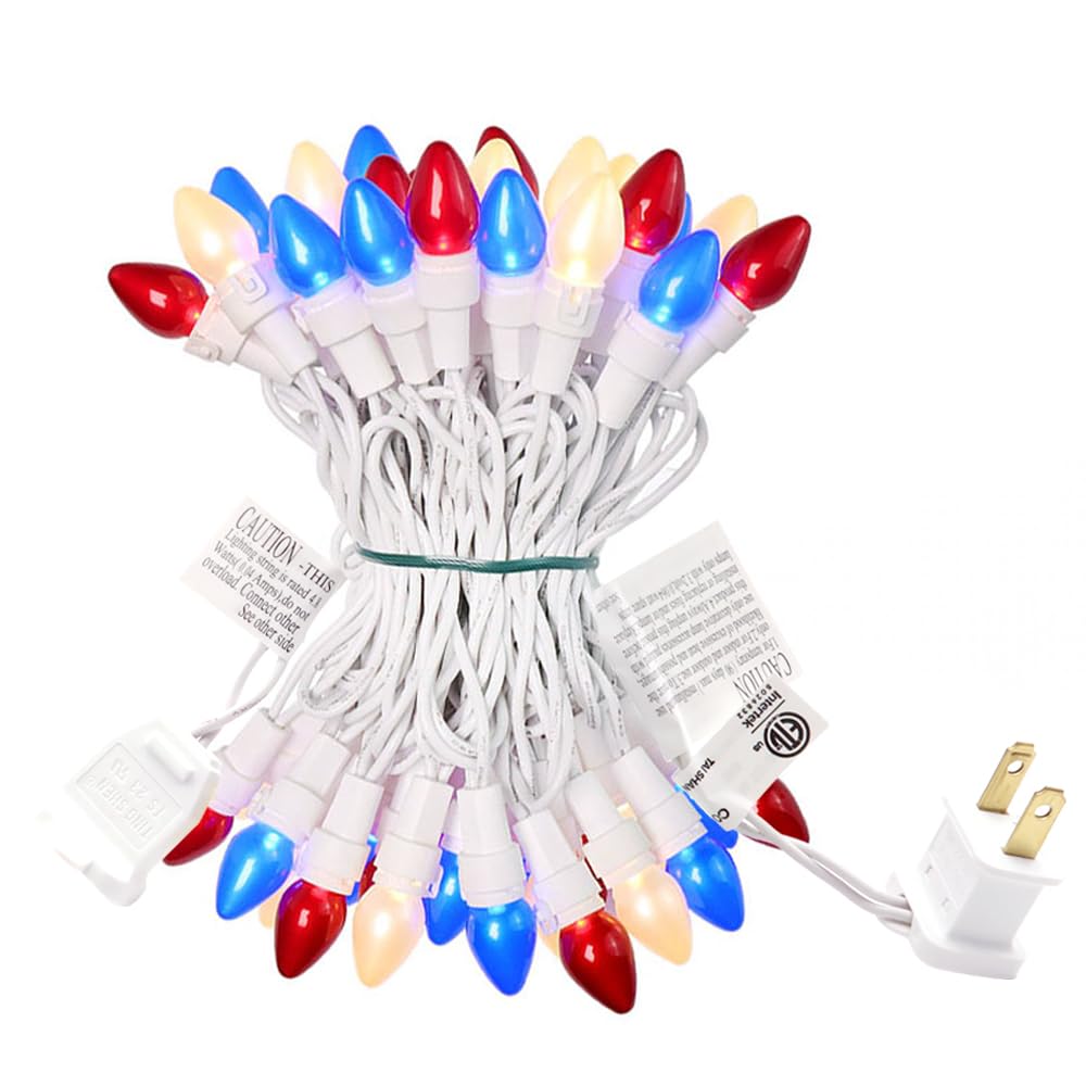 ESOLTON Red White and Blue String Lights 50 LED C3 Glass 4th of July String Light White Wire Independence Day Decor LED String Lights for Bedroom Patriotic Decoration Memorial Day Presidents Day