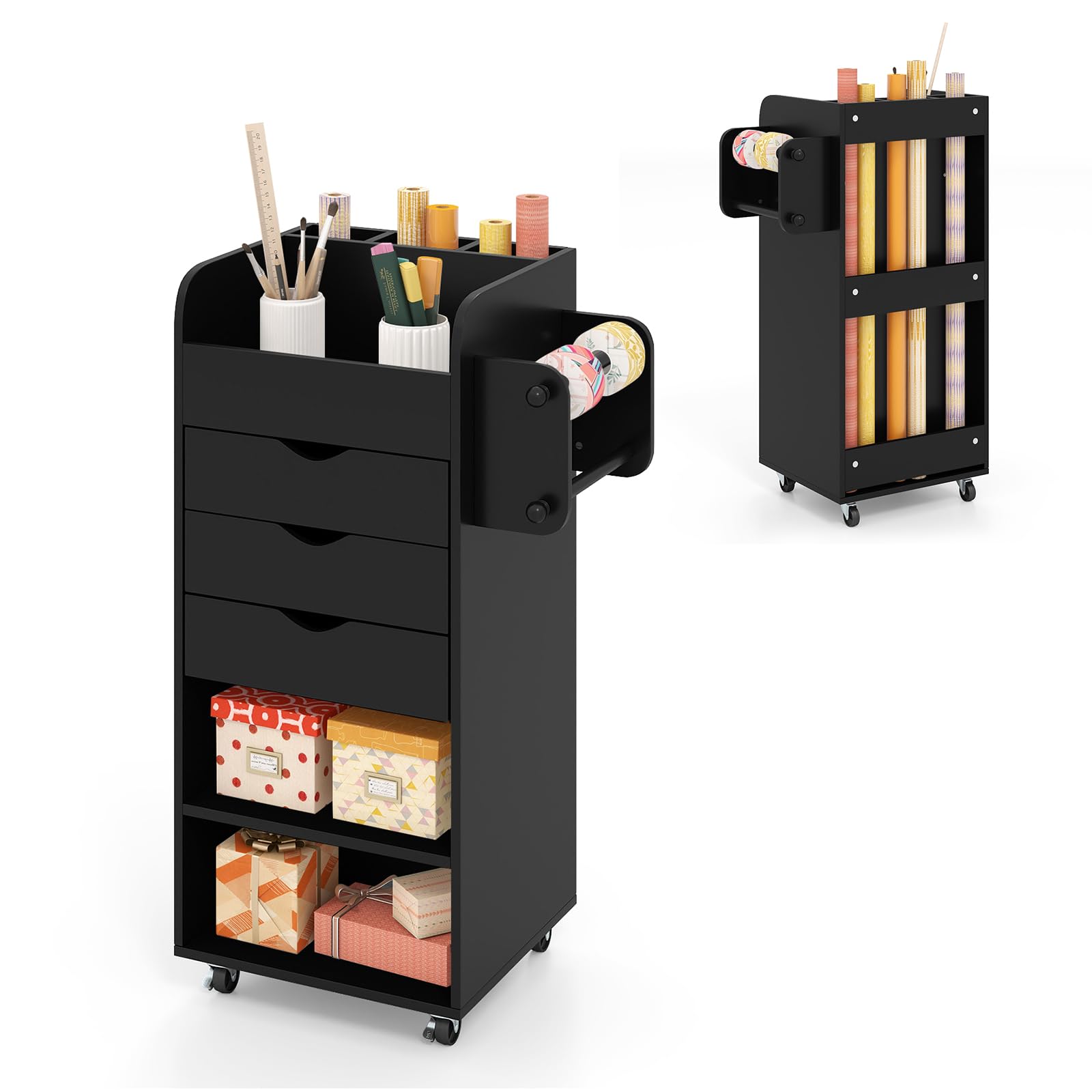 COSTWAY Mobile File Cabinet, Drawer Lateral Stationery Storage Organiser Chest with 3 Drawers, 3 Shelves, 3 Slots, 2 Hanging Rods and Wheels, Home Office Printer Stand Side Filing Cupboard (Black)