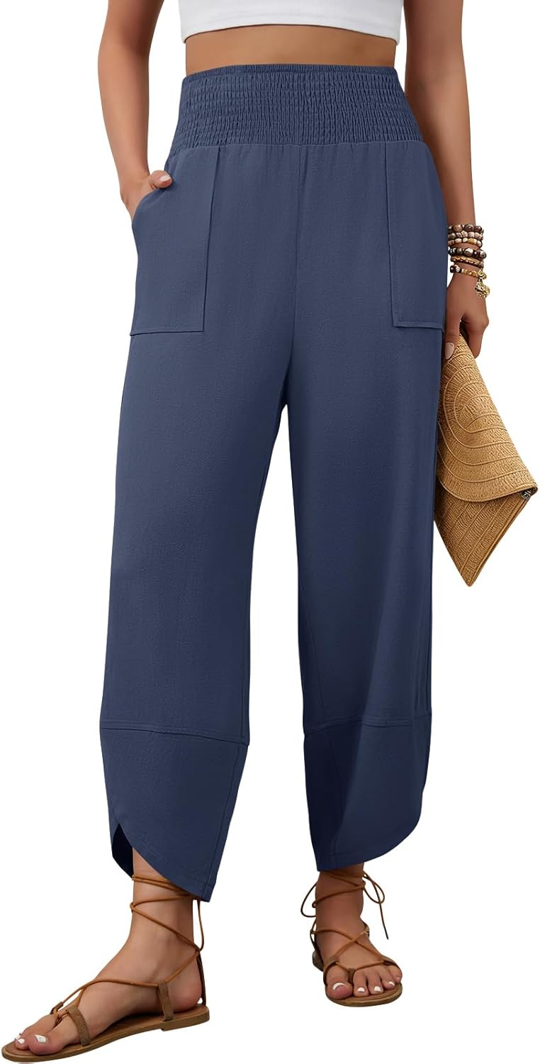 Womens Linen Pants Wide Leg Palazzo Capri Barrel Harem Pants Casual High Waisted Trousers with Pockets Beach
