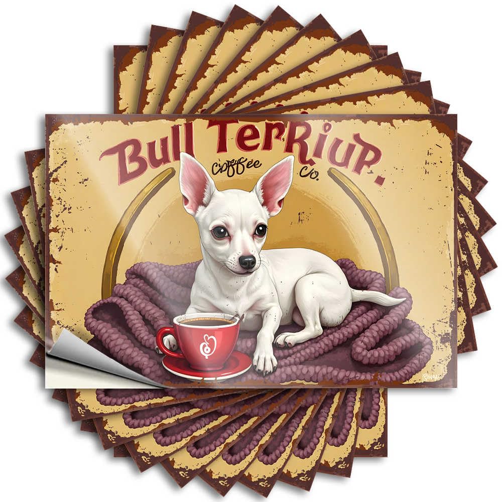 Decal Garage Accessories for Men Easy Apply | Bull Terrier Cozy Morning Coffee Ad Encouragement Hard Peel and Stick(6X9CM)