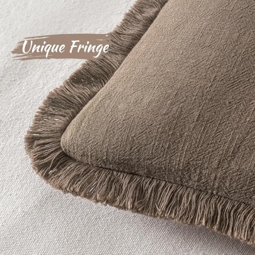 Image of MIULEE Decorative Throw Pillow Covers Neutral Linen Fringe Throw Pillows Euro Shams Set of 2 Cocoa Brown Boho Farmhouse Cushion Covers for Couch Sofa Bed Living Room Fall Home Decor 28x28 Inch