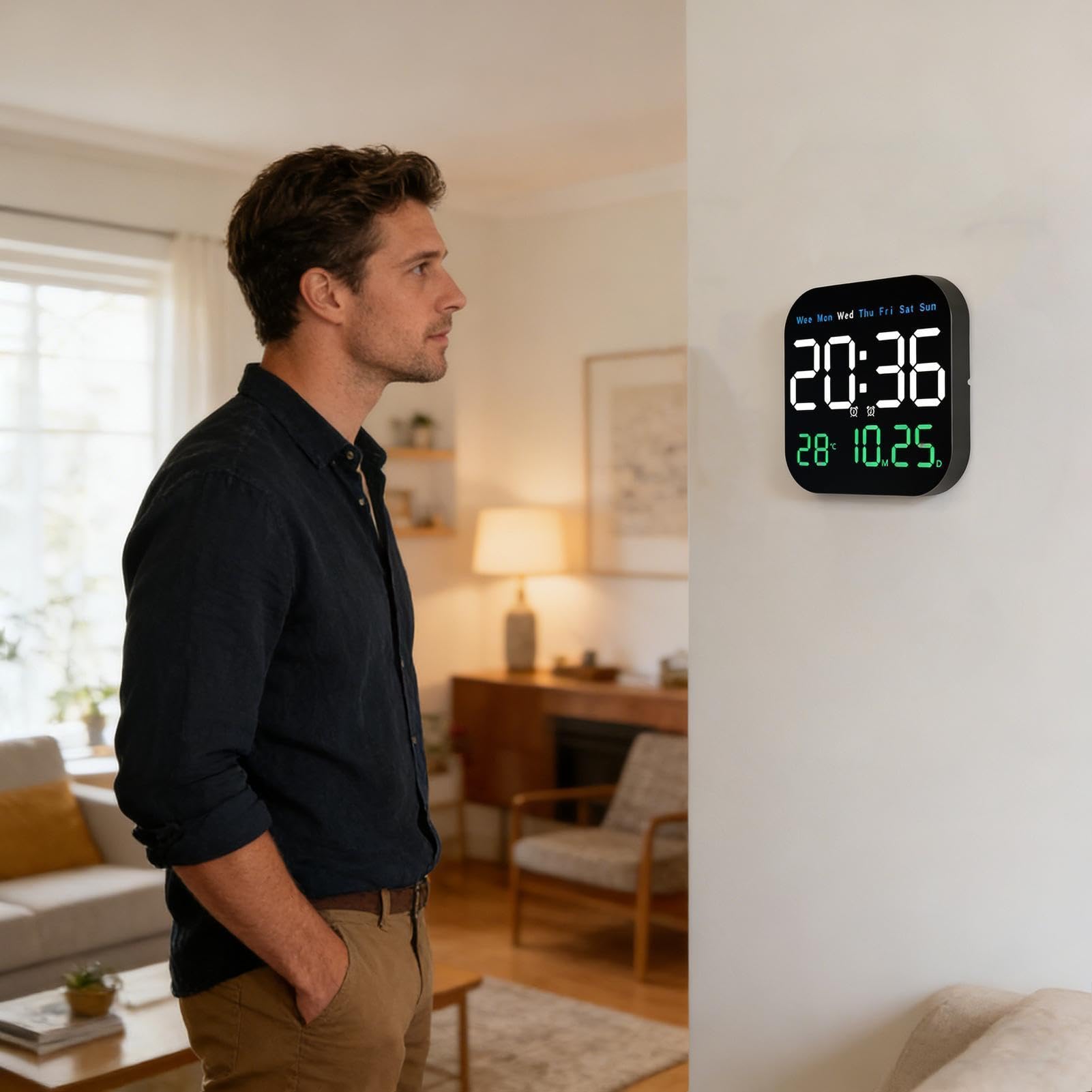 Orologio da Parete Digitale Allarme LED Quadrato Con Umidità E Telecomando | Sveglia per camera da letto per sala da pranzo, casa, camera, ufficio, scuola, ufficio di lavoro, appartamento