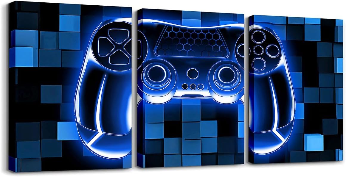 Game Canvas Wall Artwork Decor,Pixelated Square Patchwork Gaming Wall Painting for Kids Girls Boys,Miners Neon Lights Geometric Poster Pictures,Blue 3 Pcs Framed Canvas Wall Art